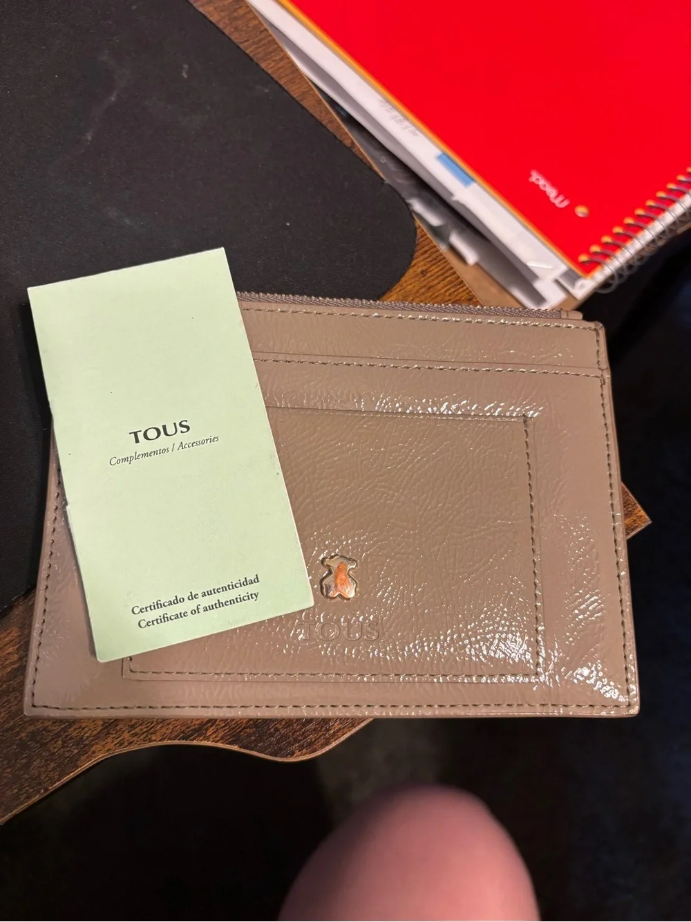 TOUS Taupe Patent Leather Card Holder with Gold Bear Logo